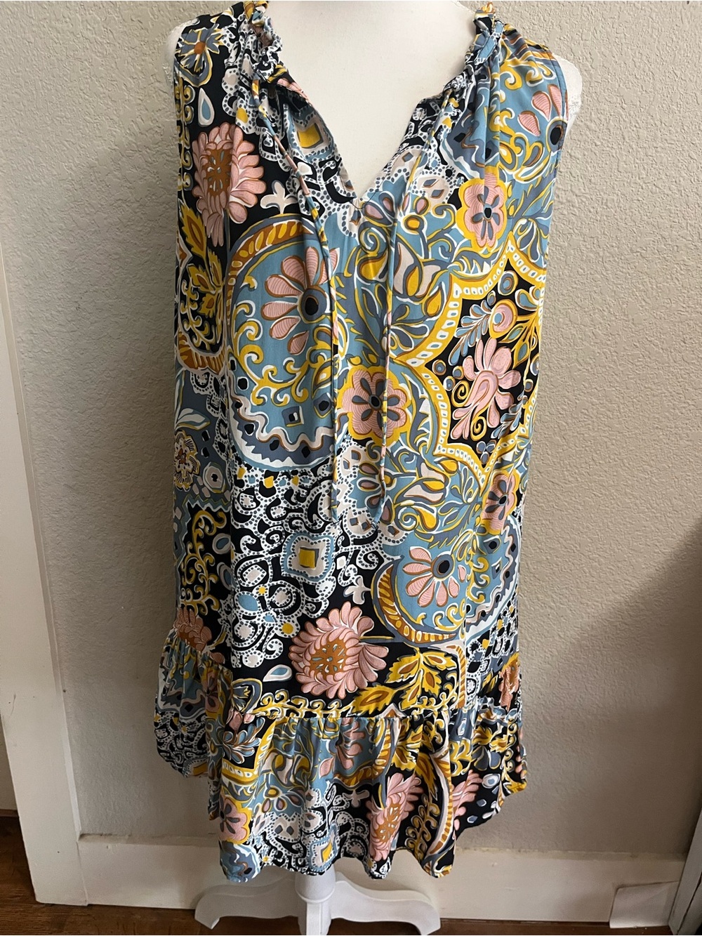 The Loft Floral Paisley Sleeveless Ruffle Hem Dress in Blue, Yellow & Pink